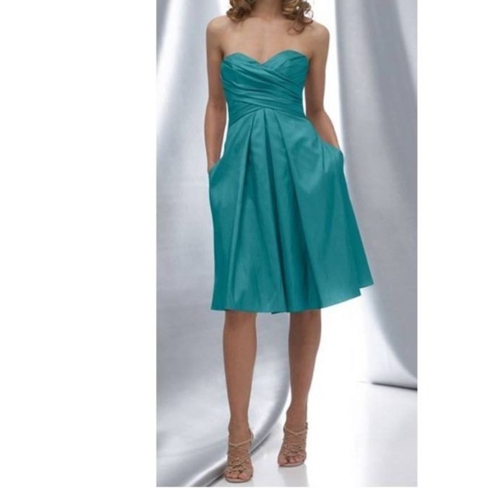 David's Bridal Womens Sz 4 Strapless Dress A-Line Satin Teal Blue Green Cocktail